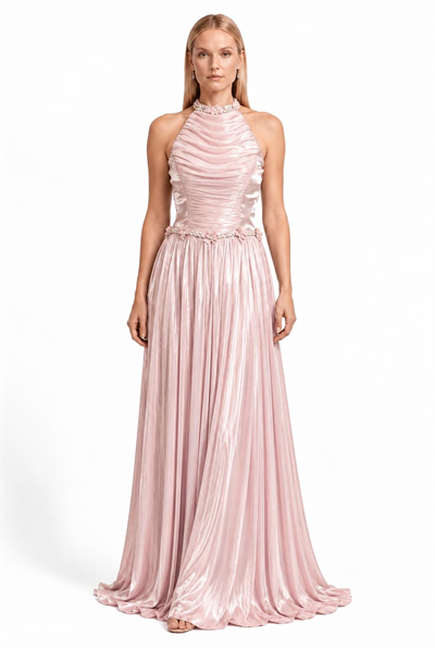 Pudra Halter Yaka Pliseli Abiye Abiye P-0000019522-PUDRAPDR40