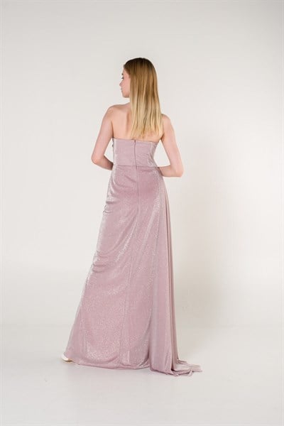 Pudra Straplez Simli Yırtmaçlı Abiye Elbise