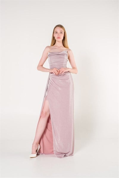 Pudra Straplez Simli Yırtmaçlı Abiye Elbise