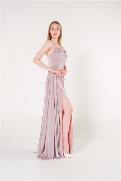 Pudra Straplez Simli Yırtmaçlı Abiye Elbise