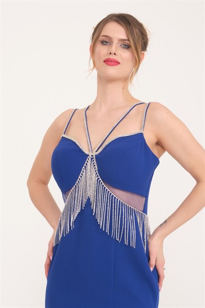 Saks Beli Saçaklı Krep Abiye Elbise