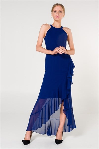 Saks Halter Yaka Şifon Elbise