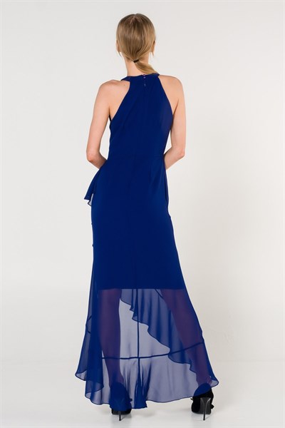 Saks Halter Yaka Şifon Elbise