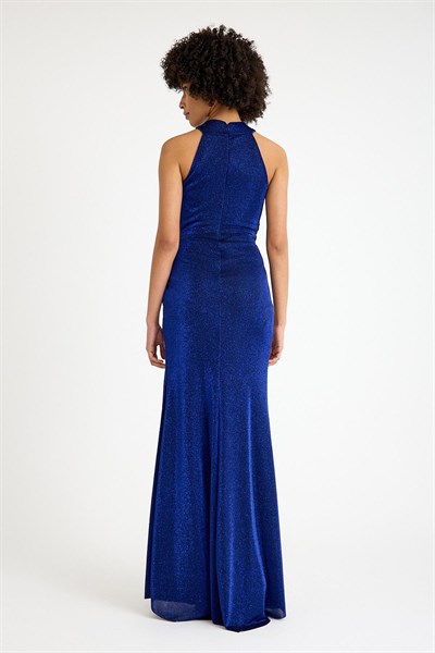 Saks Halter Yaka Simli Abiye Elbise