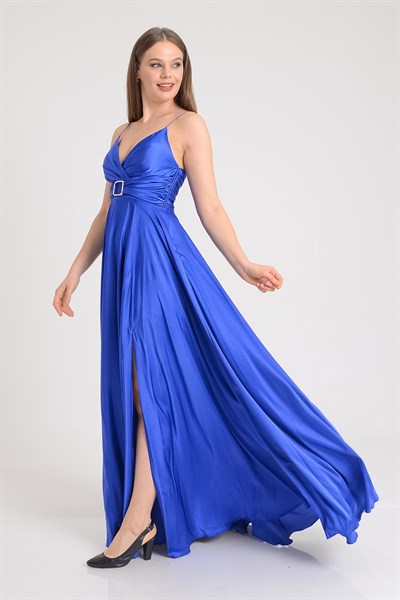 Saks İp Askılı Tokalı Abiye Elbise