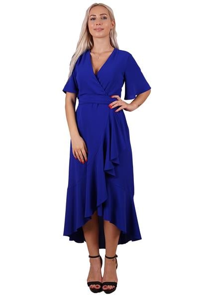 Saks Kemerli Fırfırlı Abiye Elbise