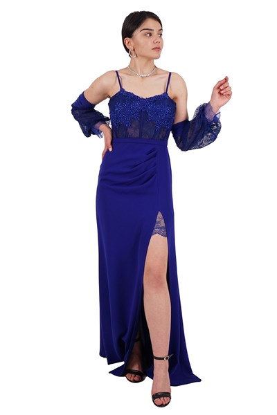 Saks Straplez Yırtmaçlı Abiye Elbise
