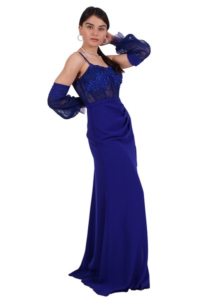 Saks Straplez Yırtmaçlı Abiye Elbise