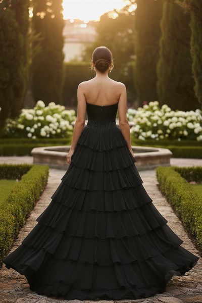 Siyah Eteği Şifon Katlı Abiye Elbise