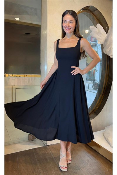 Siyah Kalın Askılı Midi Boy Abiye