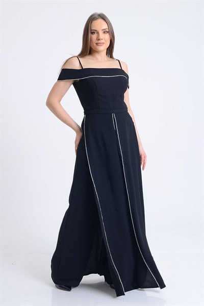 Siyah Kayık Yaka Askılı Tulum