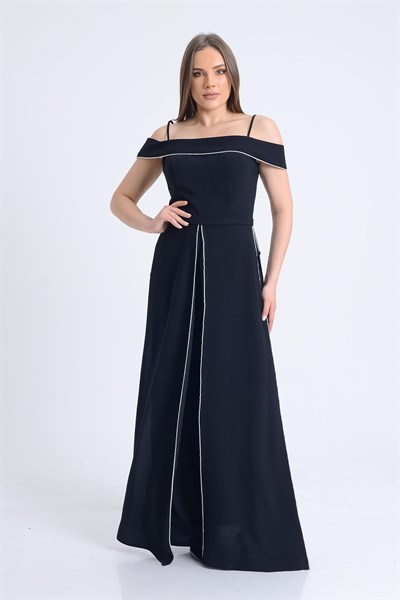 Siyah Kayık Yaka Askılı Tulum