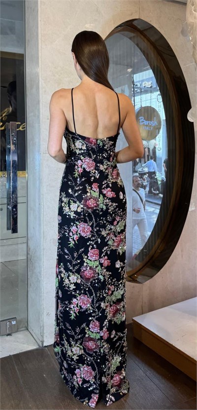 Siyah Kırmızı Payet İşlemeli Abiye