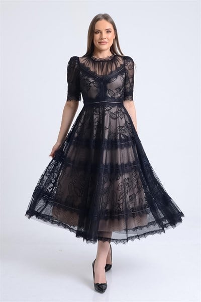 Siyah Kısa Kol Dantel Abiye Elbise