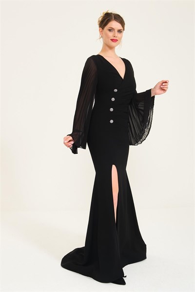 Siyah Kolları Piliseli Balık Abiye Elbise