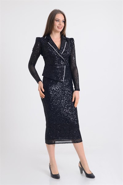 Siyah Şerit Aksesuarlı Payetli Abiye Elbise