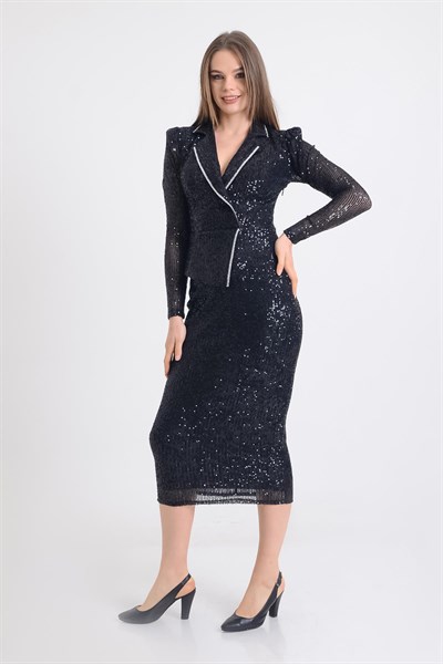 Siyah Şerit Aksesuarlı Payetli Abiye Elbise