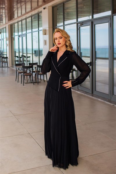 Siyah Sim Şeritli Eteği Piliseli Abiye Elbise