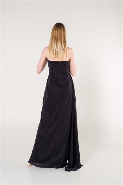 Siyah Straplez Simli Yırtmaçlı Abiye Elbise