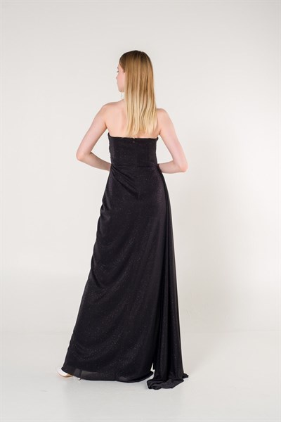 Siyah Straplez Simli Yırtmaçlı Abiye Elbise