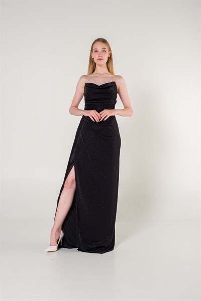 Siyah Straplez Simli Yırtmaçlı Abiye Elbise