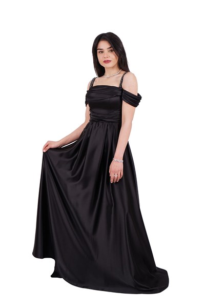 Siyah Taş Askılı Saten Abiye Elbise