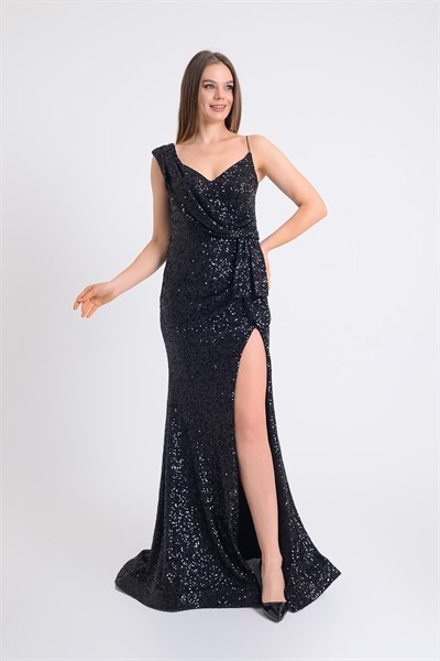 Siyah Tek Omuzlu Pul Payet Abiye Elbise