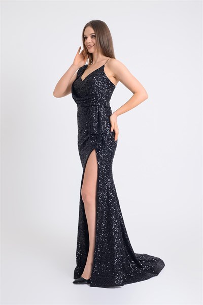 Siyah Tek Omuzlu Pul Payet Abiye Elbise