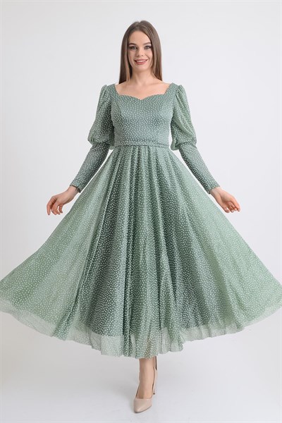 Yeşil Balon Kol Midi Boy Abiye Elbise