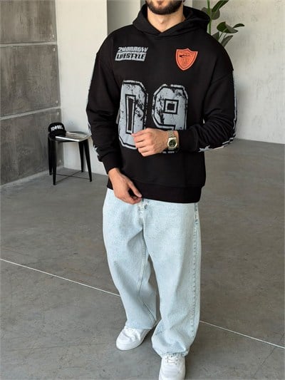 09 Vintage Baskılı Oversize Kapüşonlu Sweat T Siyah