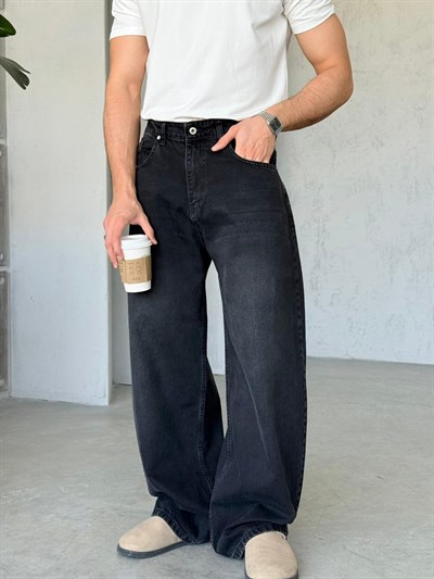 3377 EKSTRA BOL SİYAH YIKAMALI BAGGY KOT PANTOLON