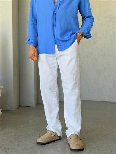 5077 Keten Pantolon - BEYAZ 