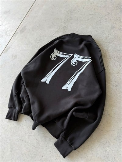 77 Baskılı Oversize 3 İplik Bisiklet Yaka Sweat Siyah