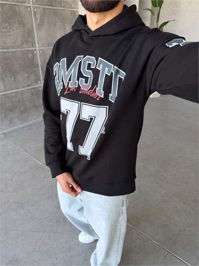 77 Baskılı Oversize Kapüşonlu Sweat T Siyah