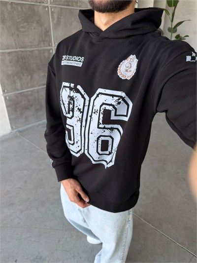 96 Baskılı Yıldız Detaylı Oversize Kapüşonlu Sweat T Siyah