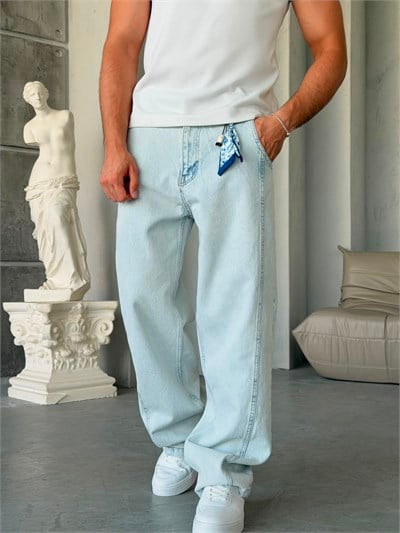 Aksesuar Şerit Detay Kar Yıkamalı Baggy Kot Pantolon-W