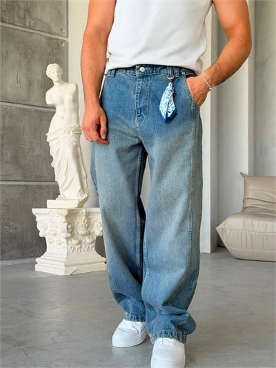 Aksesuar Şerit Detay Yıkamalı Baggy Kot Pantolon-W
