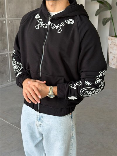 Bandana Nakışlı Fermuarlı Overize Kapüşonlu Sweat T Siyah