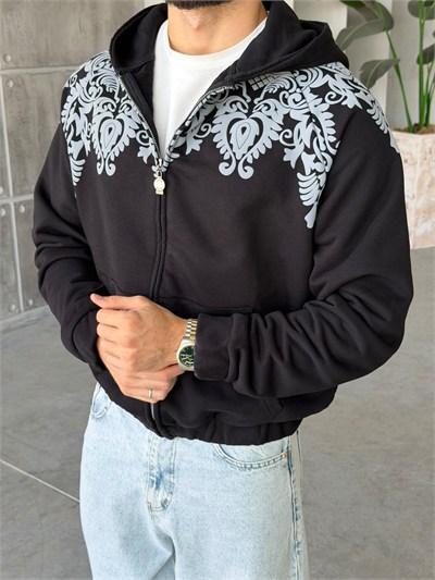 Barok Desenli Kapüşonlu Oversize Fermuarlı Sweat T Siyah
