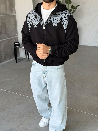 Barok Desenli Kapüşonlu Oversize Fermuarlı Sweat T Siyah