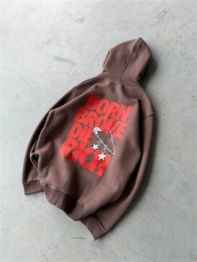 Born Baskılı Oversize 3 İplik Kapüşonlu Sweat Kahverengi