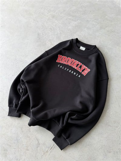 Brooklyn Baskılı Oversize 3 İplik Bisiklet Yaka Sweat Siyah
