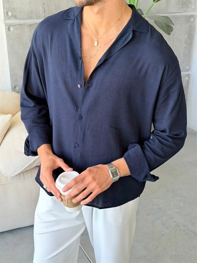 CAMP COLLOR  YAKA DESENLİ GÖMLEK M-LACİVERT