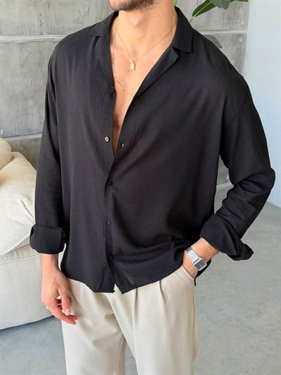 CAMP COLLOR  YAKA DESENLİ GÖMLEK M-SİYAH