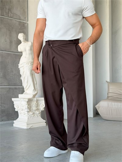 Çapraz Bel Detaylı Palazzo Baggy Kumaş Pantolon KAHVE-W