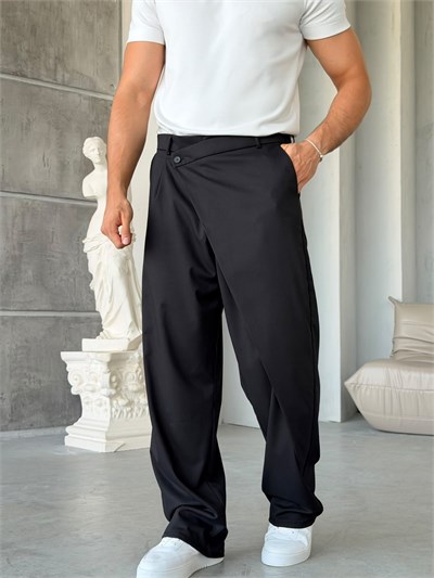 Çapraz Bel Detaylı Palazzo Baggy Kumaş Pantolon SİYAH-W