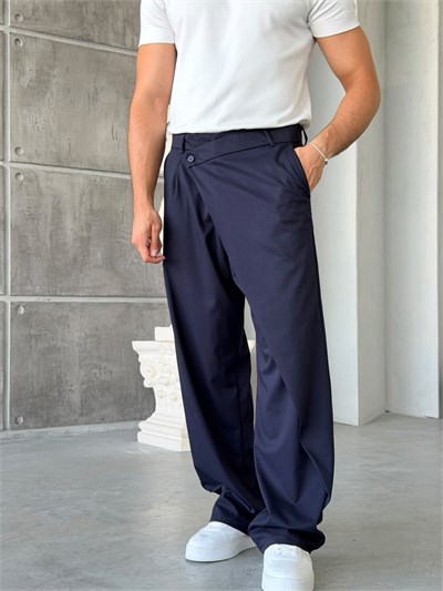 Çapraz Bel Detaylı Palazzo Baggy Kumaş Pantolon LACİVERT-W