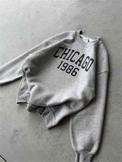 Chicago Baskılı Oversize 3 İplik Bisiklet Yaka Sweat Grimelange