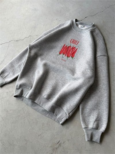 Chılı Baskılı Oversize 3 İplik Kapüşonlu Sweat Grimelange