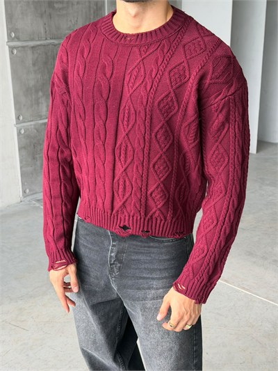 Crop Kesim Örgü Desenli Triko Bordo